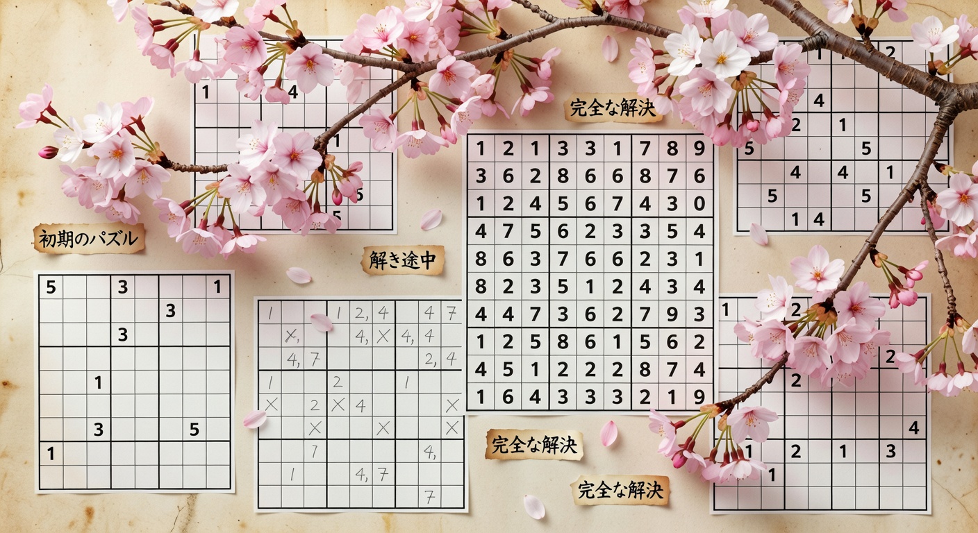 桜の木と数独コラージュ